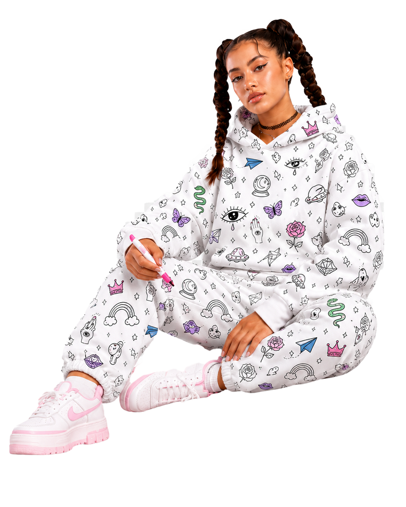 Model wearing Scribble Sweats colorable apparel